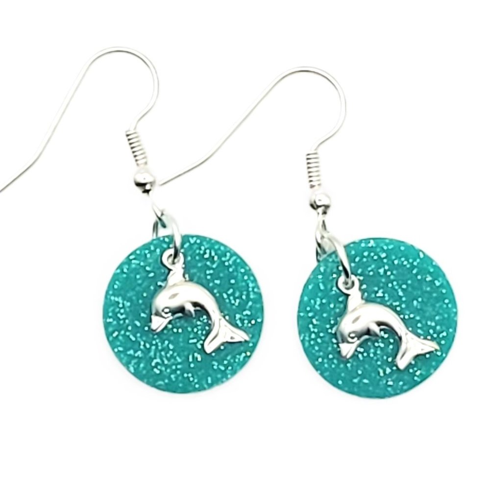 Turquoise Glitter Earrings with Silver Dolphin Charms - Handmade